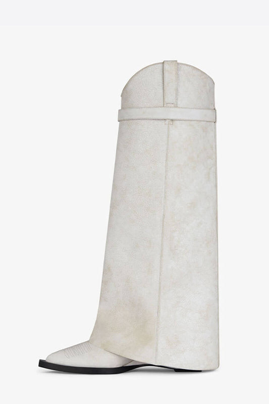 Lock Fold Over Western Cowboy Faux Leather Knee-High Boots - Ivory