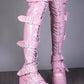 Patent Lace-Up Belt Buckle Strap Chunky Platform Thigh High Boots - Pink