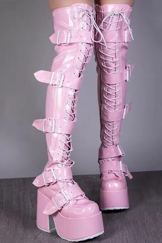 Patent Lace-Up Belt Buckle Strap Chunky Platform Thigh High Boots - Pink