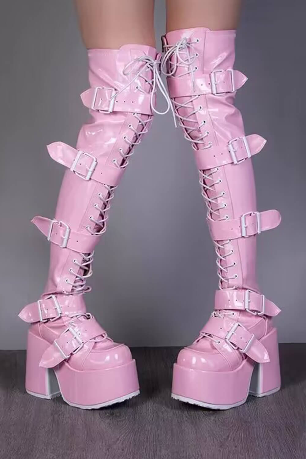 Patent Lace-Up Belt Buckle Strap Chunky Platform Thigh High Boots - Pink
