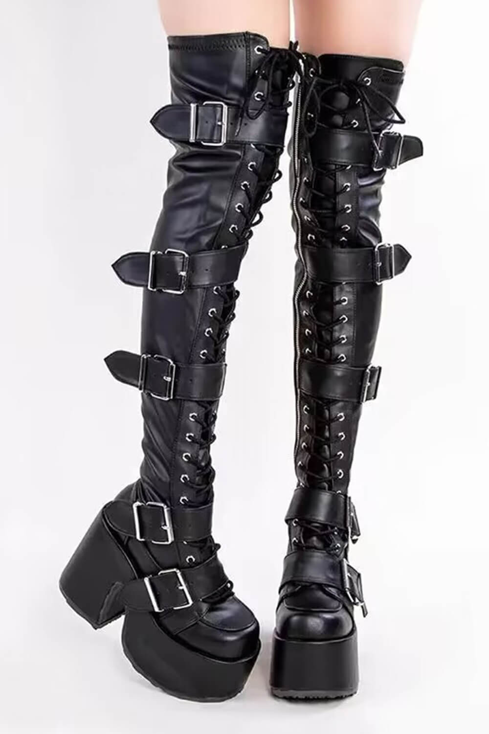 Patent Lace-Up Belt Buckle Strap Chunky Platform Thigh High Boots - Black
