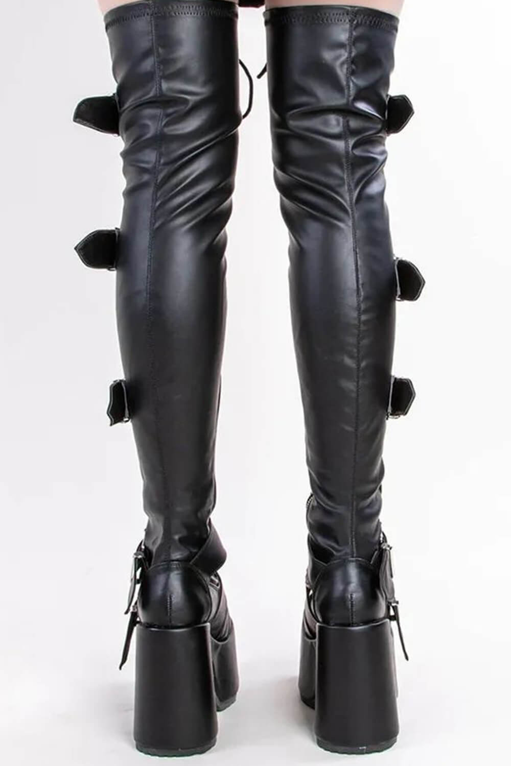 Patent Lace-Up Belt Buckle Strap Chunky Platform Thigh High Boots - Black
