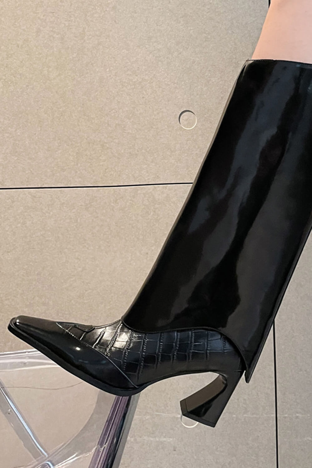 Calf Leather Fold Over Square Toe Knee High Boots - Black