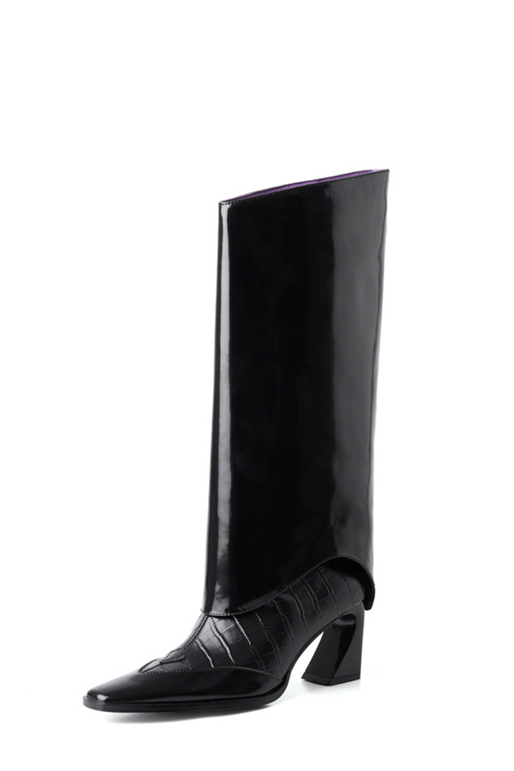 Calf Leather Fold Over Square Toe Knee High Boots - Black