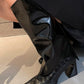 Calf Leather Fold Over Square Toe Knee High Boots - Black