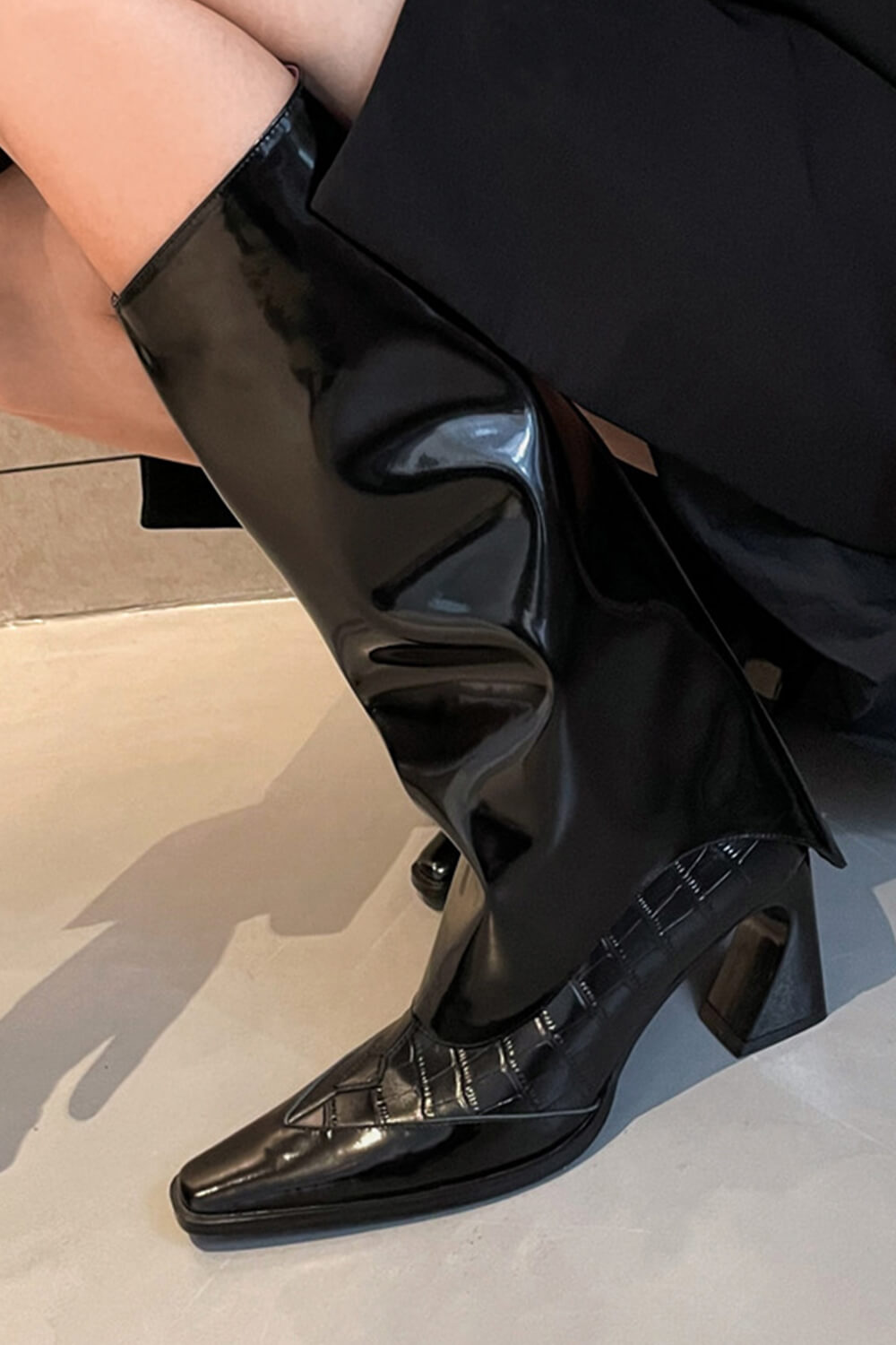 Calf Leather Fold Over Square Toe Knee High Boots - Black