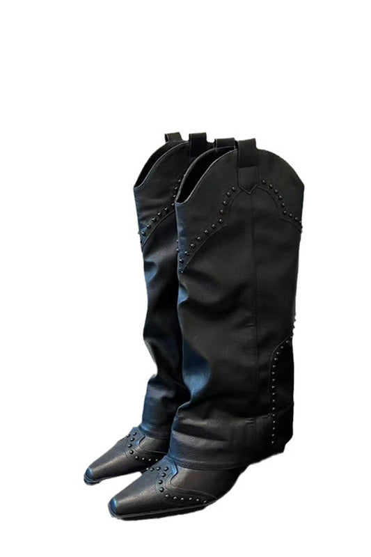 Studded Fold Over Mid-Calf Snip Toe Block Heel Western Boots - Black