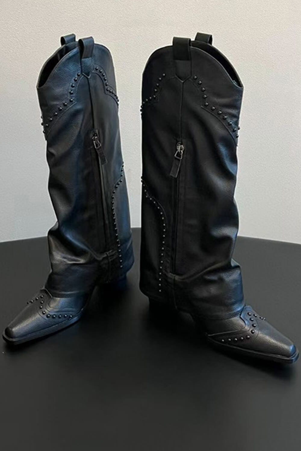 Studded Fold Over Mid-Calf Snip Toe Block Heel Western Boots - Black
