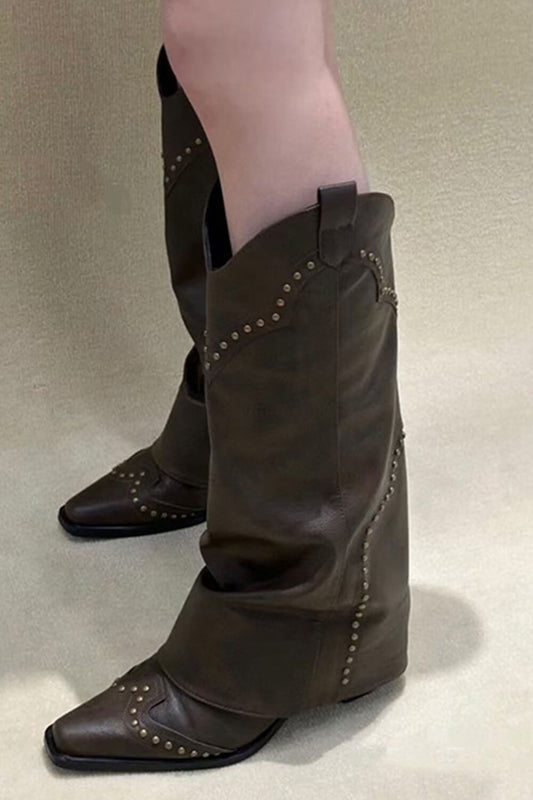 Studded Fold Over Mid-Calf Snip Toe Block Heel Western Boots - Brown