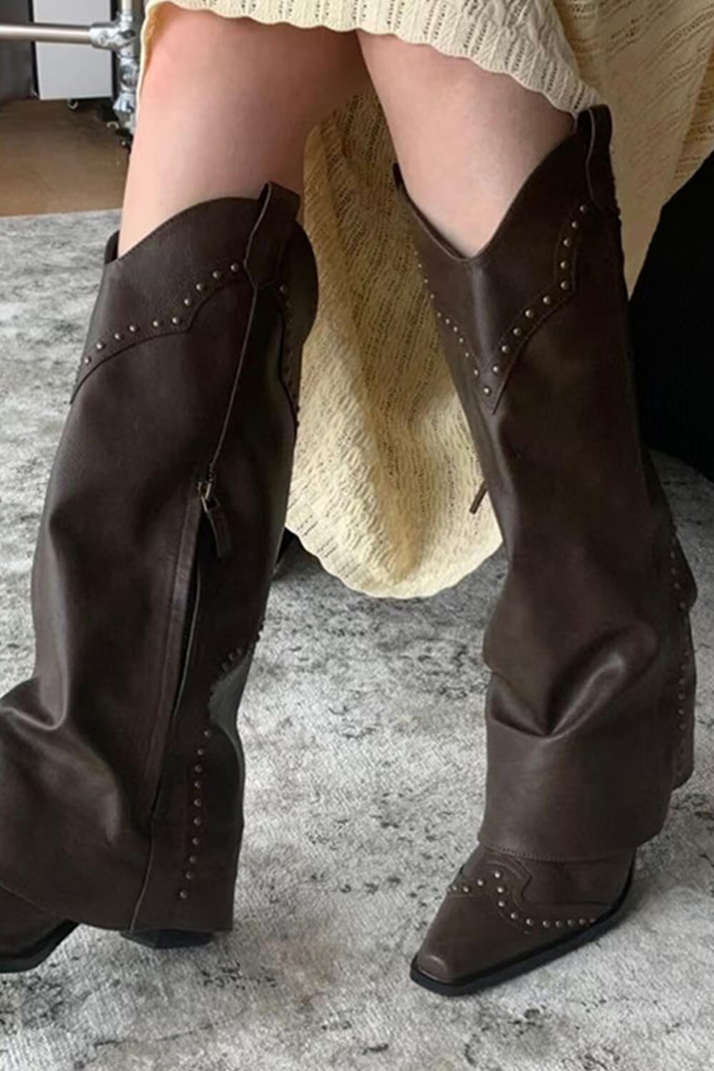 Studded Fold Over Mid-Calf Snip Toe Block Heel Western Boots - Brown