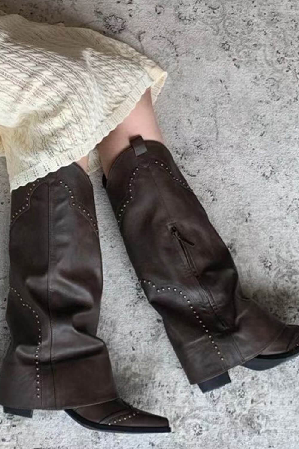 Studded Fold Over Mid-Calf Snip Toe Block Heel Western Boots - Brown