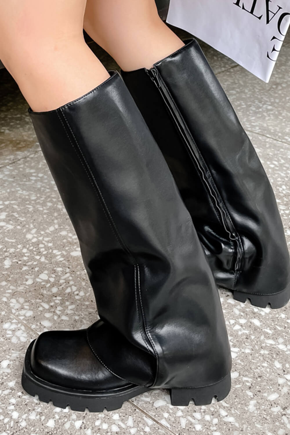 Calf Leather Foldover Ruched Square Toe Chunky Platform Knee High Boots