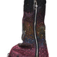 Rhinestone Embellished Wrapped Denim Padlock Detail Folded Wedge Heel Knee High Long Chunky Biker Boots - Rainbow