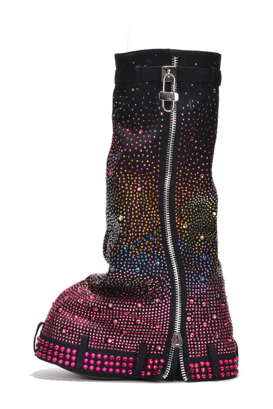 Rhinestone Embellished Wrapped Denim Padlock Detail Folded Wedge Heel Knee High Long Chunky Biker Boots - Rainbow