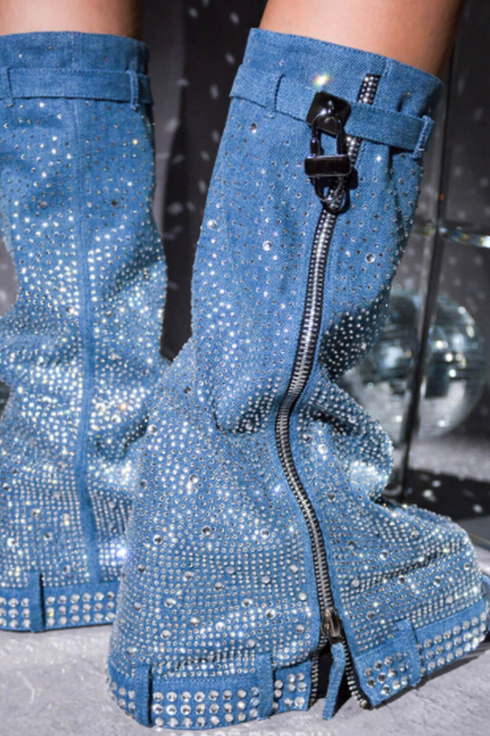 Rhinestone Embellished Wrapped Denim Padlock Detail Folded Wedge Heel Knee High Long Chunky Biker Boots - Dark Blue