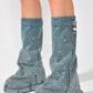 Rhinestone Embellished Wrapped Denim Padlock Detail Folded Wedge Heel Knee High Long Chunky Biker Boots - Light Blue