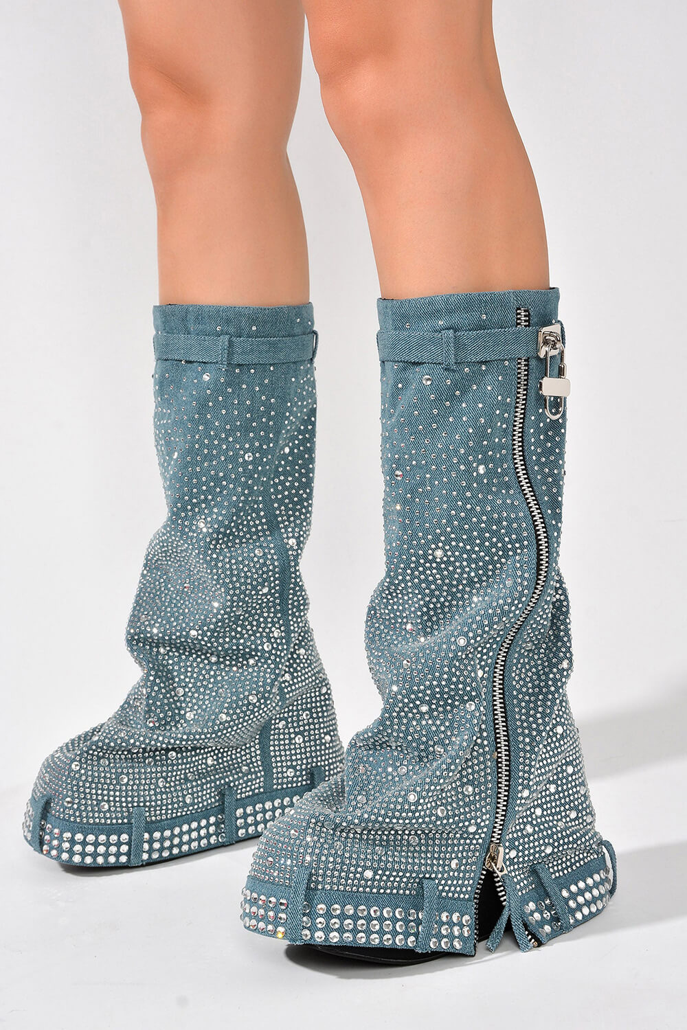 Rhinestone Embellished Wrapped Denim Padlock Detail Folded Wedge Heel Knee High Long Chunky Biker Boots - Light Blue