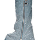 Rhinestone Embellished Wrapped Denim Padlock Detail Folded Wedge Heel Knee High Long Chunky Biker Boots - Light Blue