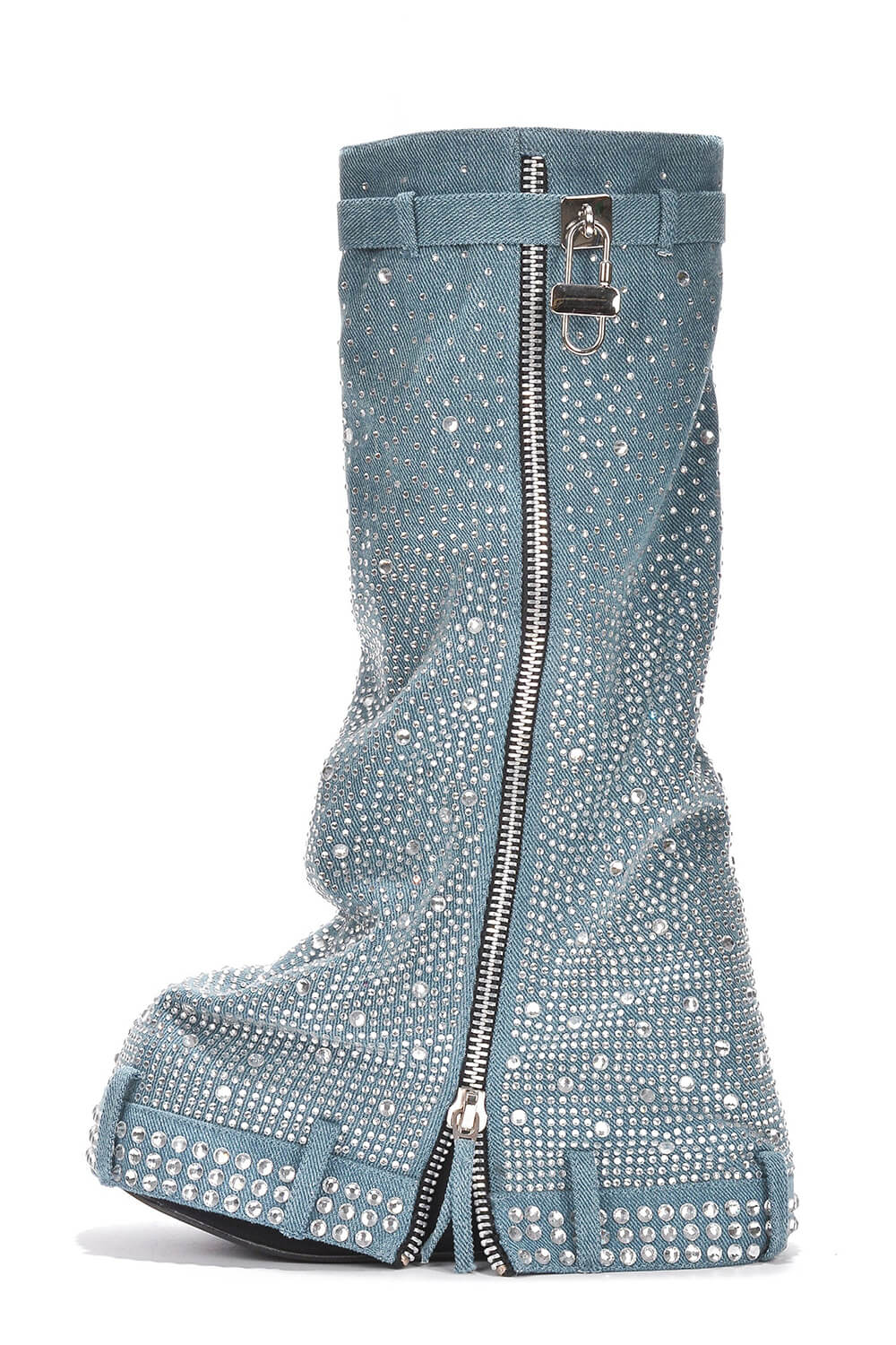 Rhinestone Embellished Wrapped Denim Padlock Detail Folded Wedge Heel Knee High Long Chunky Biker Boots - Light Blue