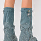 Rhinestone Embellished Wrapped Denim Padlock Detail Folded Wedge Heel Knee High Long Chunky Biker Boots - Light Blue