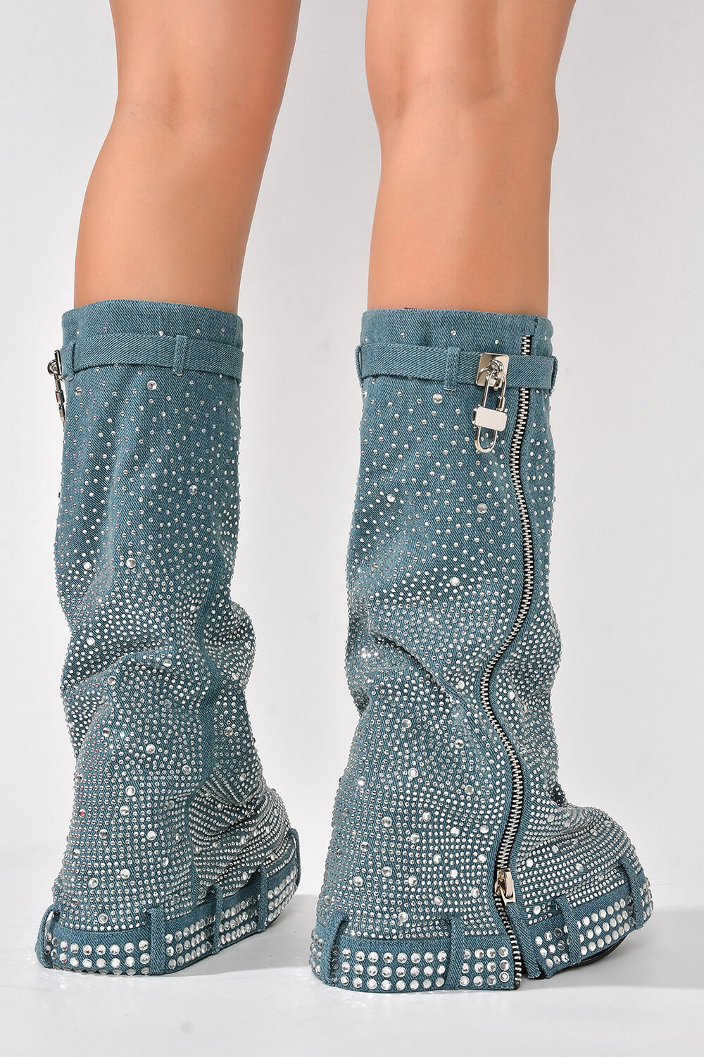 Rhinestone Embellished Wrapped Denim Padlock Detail Folded Wedge Heel Knee High Long Chunky Biker Boots - Light Blue