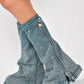 Rhinestone Embellished Wrapped Denim Padlock Detail Folded Wedge Heel Knee High Long Chunky Biker Boots - Light Blue