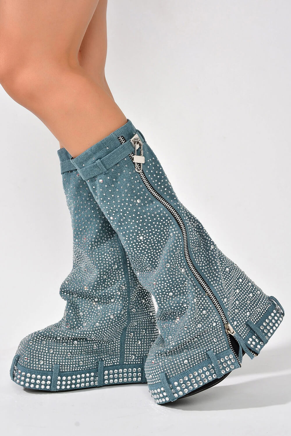 Rhinestone Embellished Wrapped Denim Padlock Detail Folded Wedge Heel Knee High Long Chunky Biker Boots - Light Blue