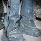 Rhinestone Embellished Wrapped Denim Padlock Detail Folded Wedge Heel Knee High Long Chunky Biker Boots - Light Blue