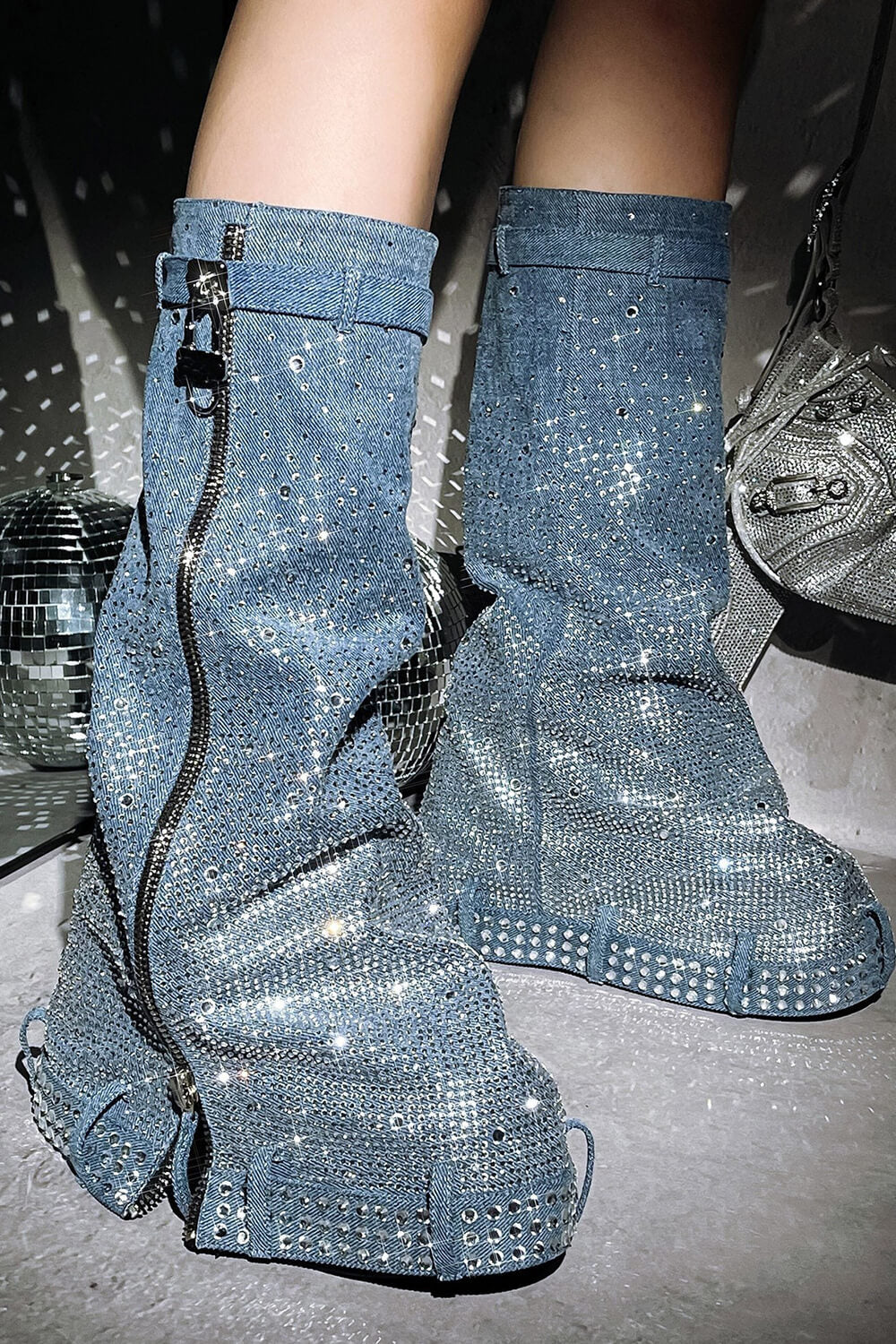 Rhinestone Embellished Wrapped Denim Padlock Detail Folded Wedge Heel Knee High Long Chunky Biker Boots - Light Blue