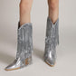 Silver Metallic Patent Sequined Fringe Western Mid-Calf Bootie