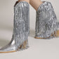 Silver Metallic Patent Sequined Fringe Western Mid-Calf Bootie