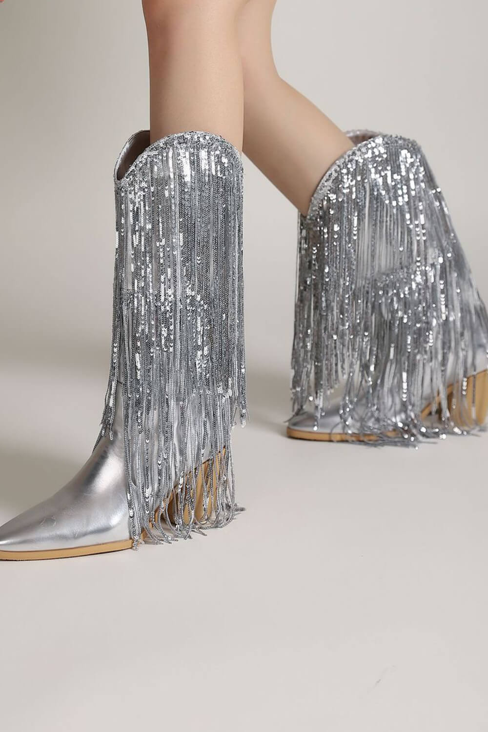 Silver Metallic Patent Sequined Fringe Western Mid-Calf Bootie