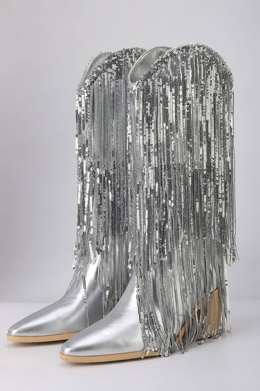 Silver Metallic Patent Sequined Fringe Western Mid-Calf Bootie