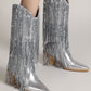 Silver Metallic Patent Sequined Fringe Western Mid-Calf Bootie
