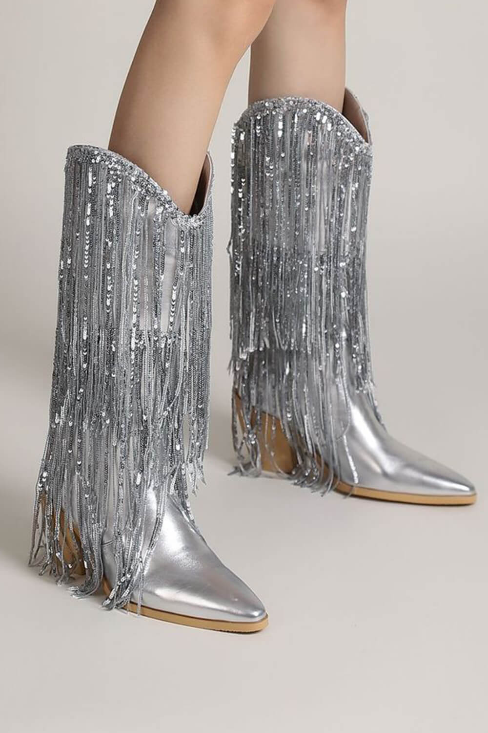 Silver Metallic Patent Sequined Fringe Western Mid-Calf Bootie