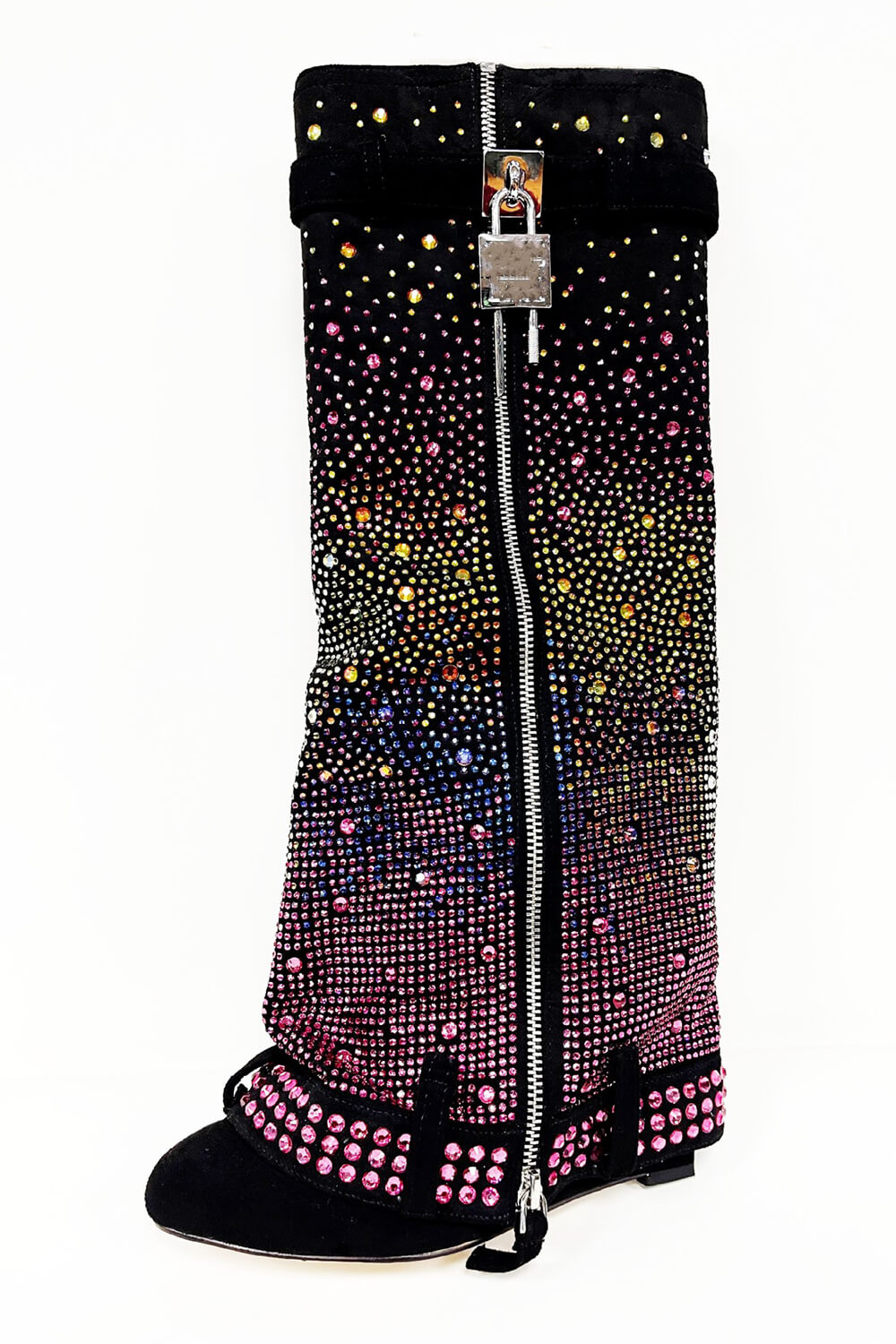 Rhinestone Embellished Denim Padlock Detail Folded Wedge Heel Knee High Boots - Rainbow