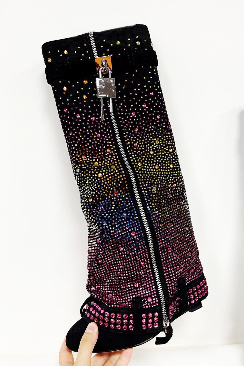 Rhinestone Embellished Denim Padlock Detail Folded Wedge Heel Knee High Boots - Rainbow