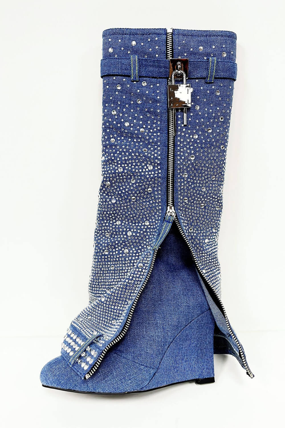 Rhinestone Embellished Denim Padlock Detail Folded Wedge Heel Knee High Boots - Dark Blue