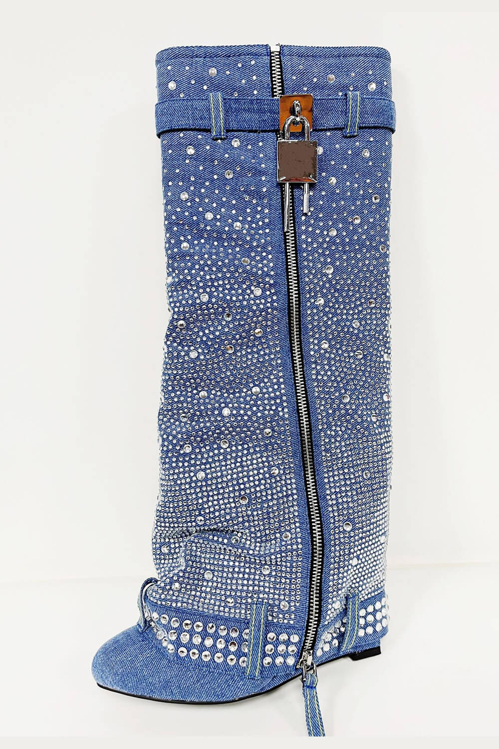 Rhinestone Embellished Denim Padlock Detail Folded Wedge Heel Knee High Boots - Dark Blue