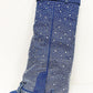 Rhinestone Embellished Denim Padlock Detail Folded Wedge Heel Knee High Boots - Dark Blue