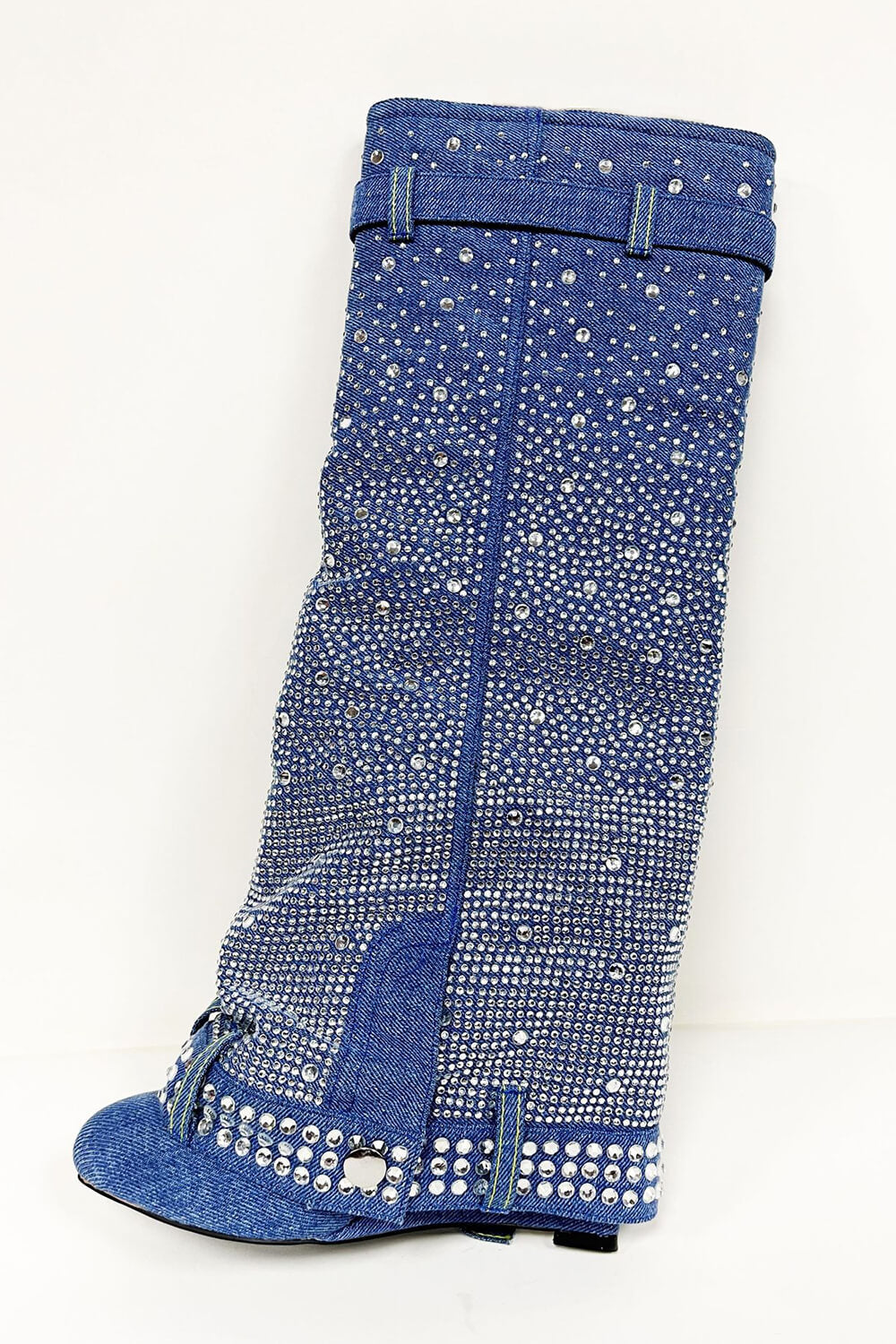 Rhinestone Embellished Denim Padlock Detail Folded Wedge Heel Knee High Boots - Dark Blue