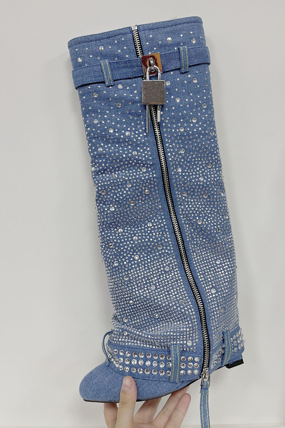 Rhinestone Embellished Denim Padlock Detail Folded Wedge Heel Knee High Boots - Light Blue
