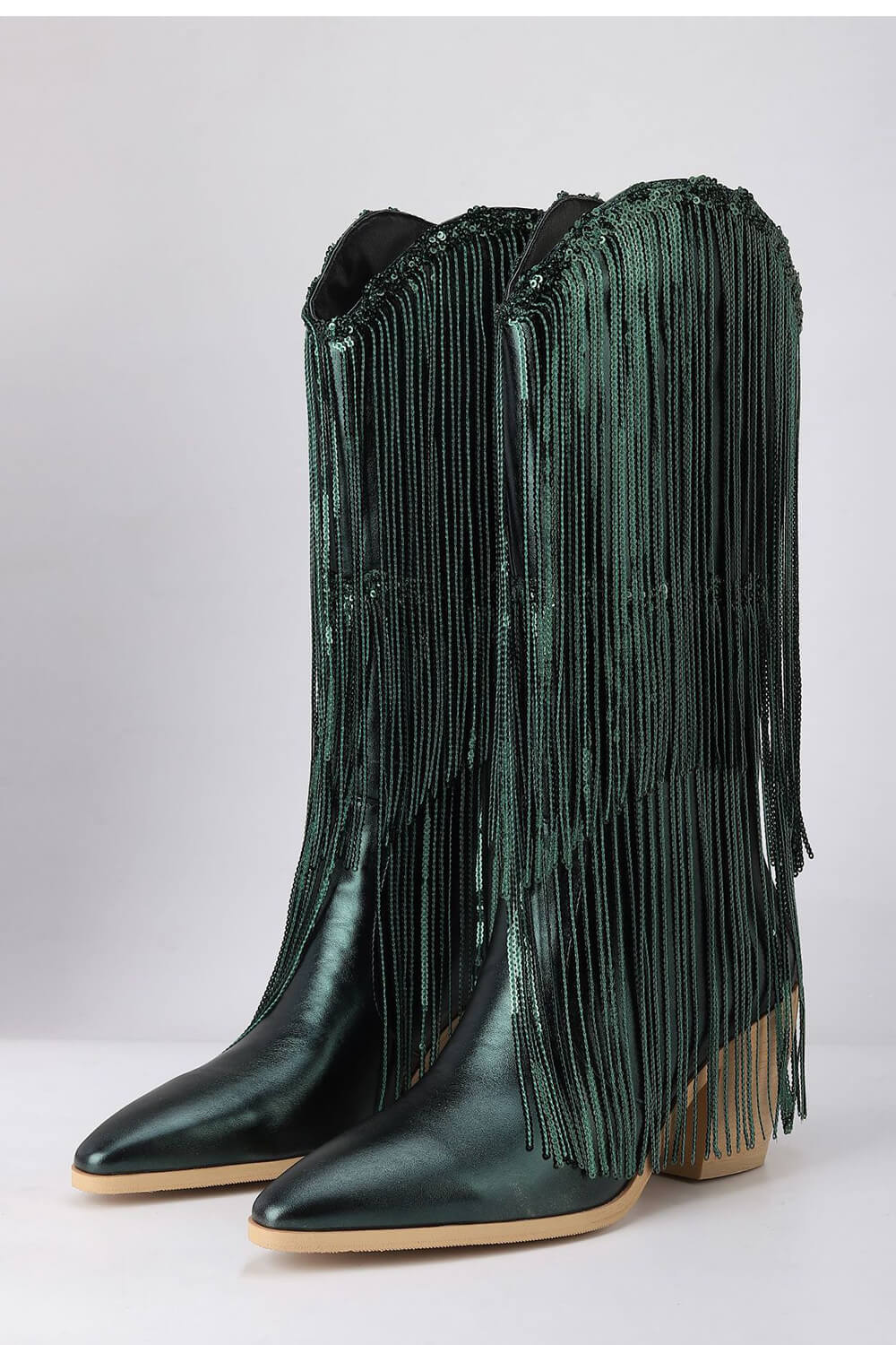 Metallic Patent Sequined Fringe Western Mid-Calf Bootie - Green
