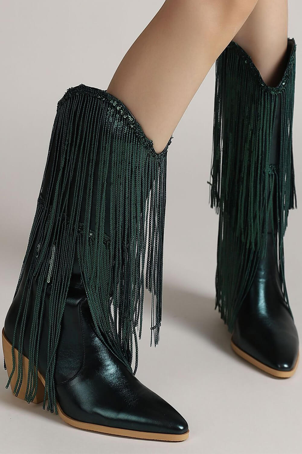 Metallic Patent Sequined Fringe Western Mid-Calf Bootie - Green