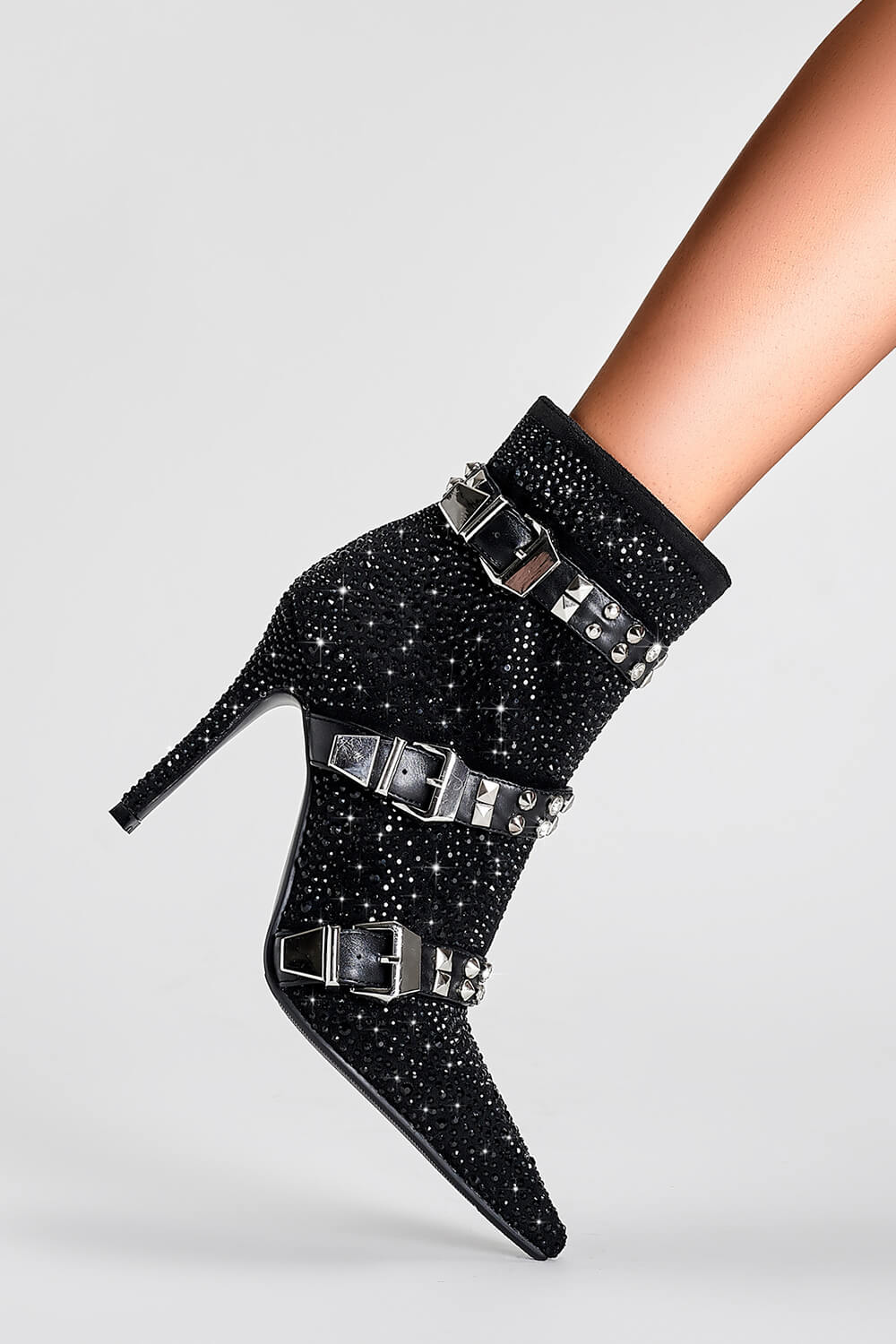 Diamante Rhinestone-Embellished Stud Buckle Point Toe Stiletto Heeled Ankle Boots