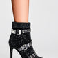 Diamante Rhinestone-Embellished Stud Buckle Point Toe Stiletto Heeled Ankle Boots