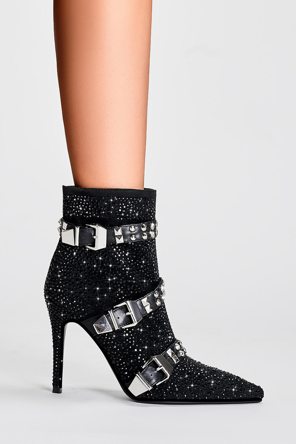 Diamante Rhinestone-Embellished Stud Buckle Point Toe Stiletto Heeled Ankle Boots