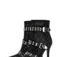 Diamante Rhinestone-Embellished Stud Buckle Point Toe Stiletto Heeled Ankle Boots