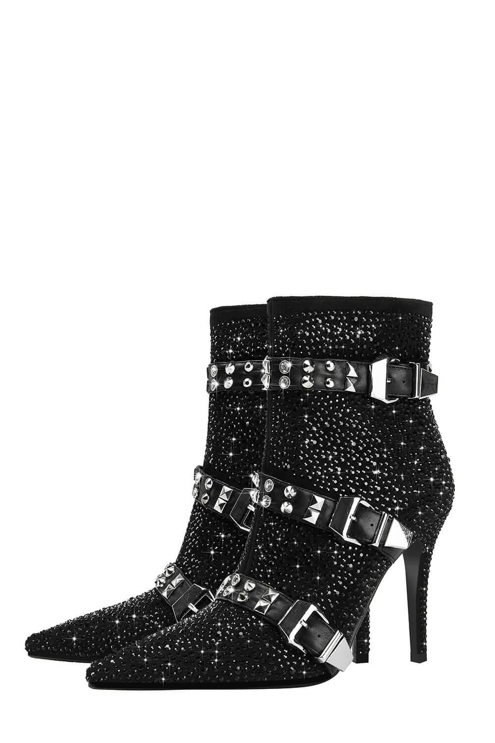 Diamante Rhinestone-Embellished Stud Buckle Point Toe Stiletto Heeled Ankle Boots