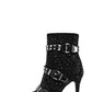 Diamante Rhinestone-Embellished Stud Buckle Point Toe Stiletto Heeled Ankle Boots